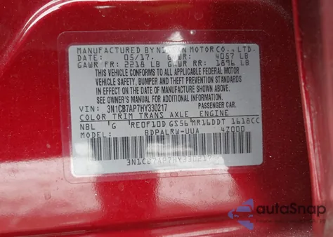 2017 Nissan Sentra Sr Turbo from USA, damaged, VIN 3N1CB7AP7HY330217